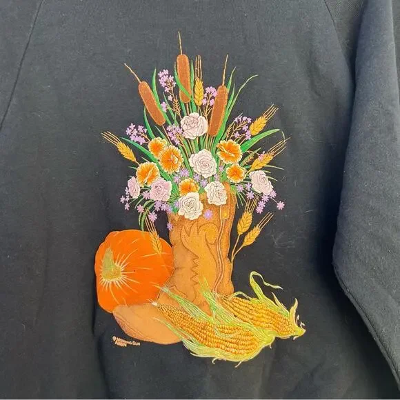 Vint. 90s Fall Harvest Cowboy Boot Cornucopia Floral granny collared sweatshirt - Picture 5 of 6